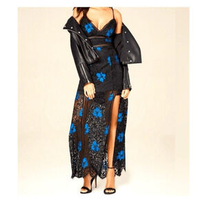 Bebe Womens Maxi Dress Black & Blue Lace Long Dress Front Slit Goth Party Size 0